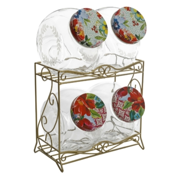 ❤️ Rare Pre-loved Floral Medley Glass Jars with Metal Rack - Picture 5 of 8